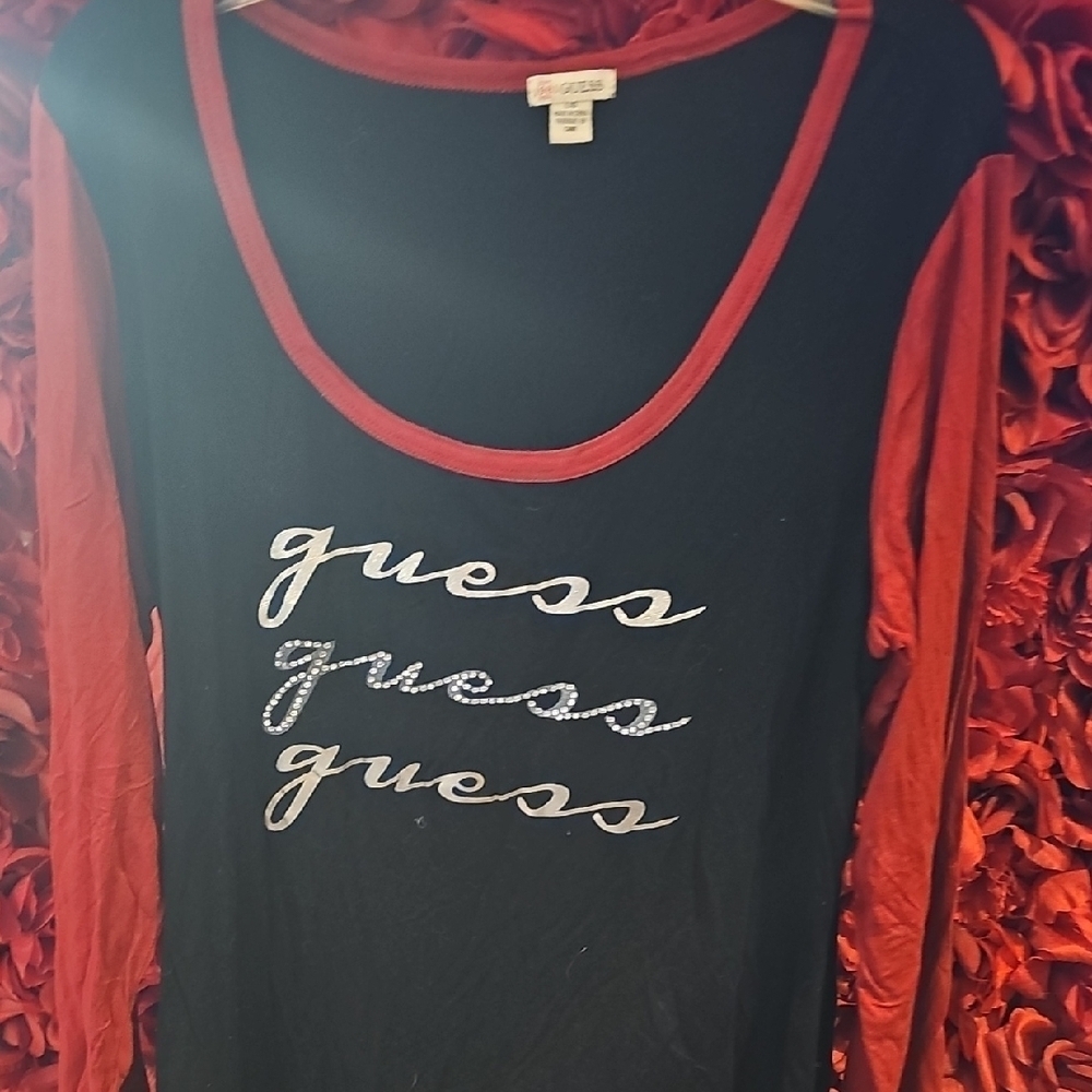 Guess Black and Red Long Sleeve Top With Graphic Logo Size Large